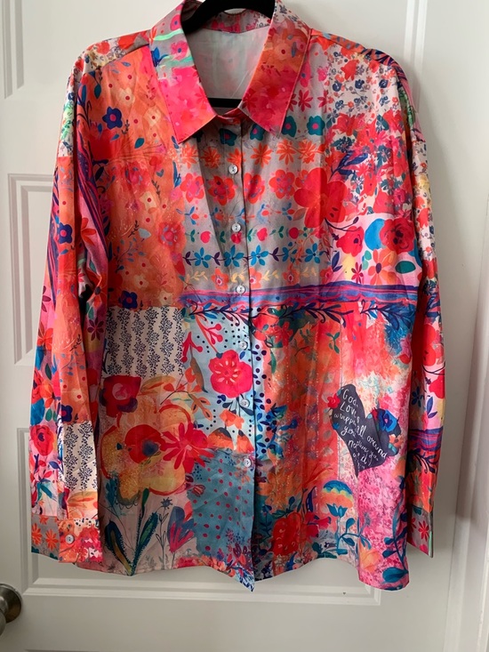 Tops - Women's light fabric blouse  Vibrant Floral in Coral, Pink & Turquoise